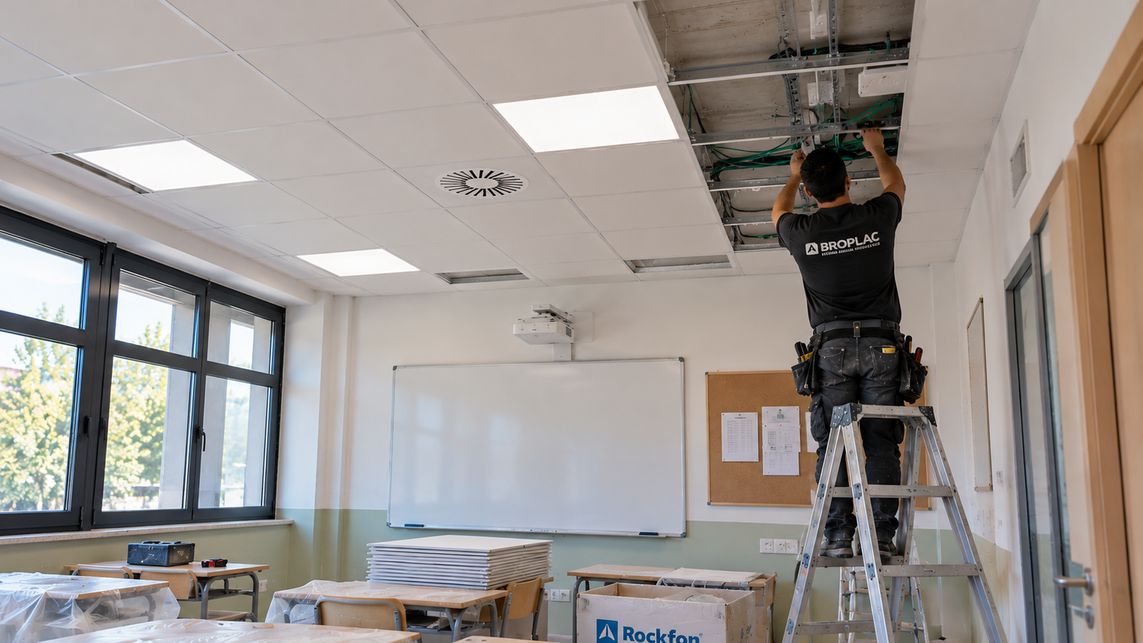 Montaje de estructura metálica para falso techo en centro educativo